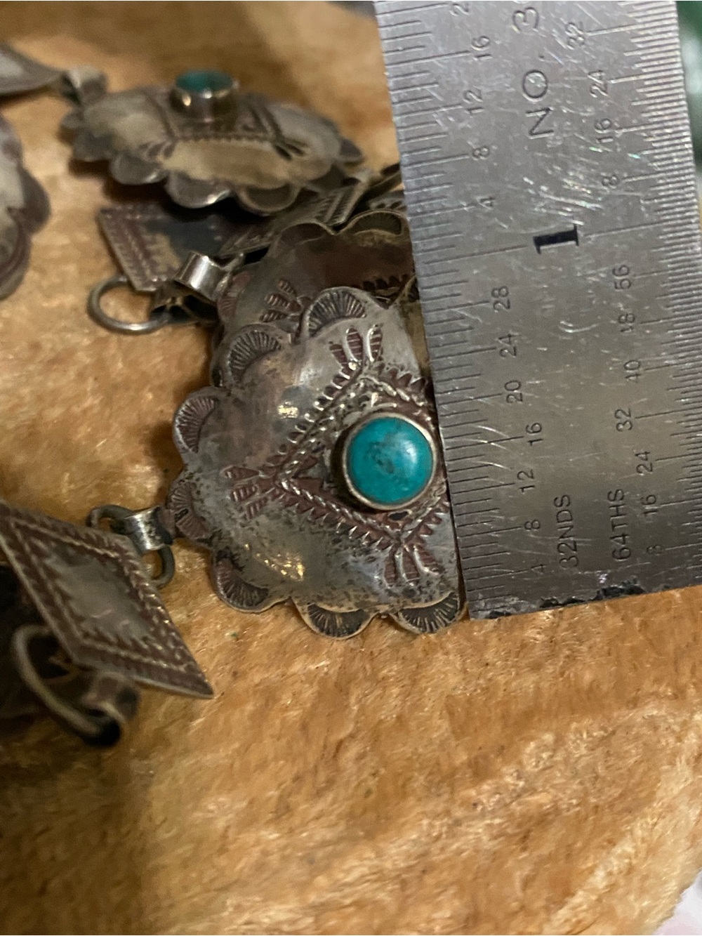 1940s Navajo Unsigned 11 Concho Belt Turquoise Sterling Silver Hand Stamped 28” - Picture 4 of 8